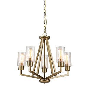 Люстра цвета латунь с 5-ю цилиндрическими плафонами из прозрачного пузырчатого стекла Kichler