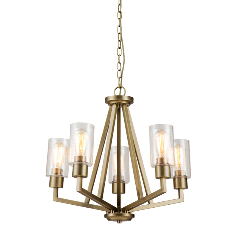 Люстра цвета латунь с 5-ю цилиндрическими плафонами из прозрачного пузырчатого стекла Kichler Латунь Прозрачное Стекло в Барнауле | Loft Concept 