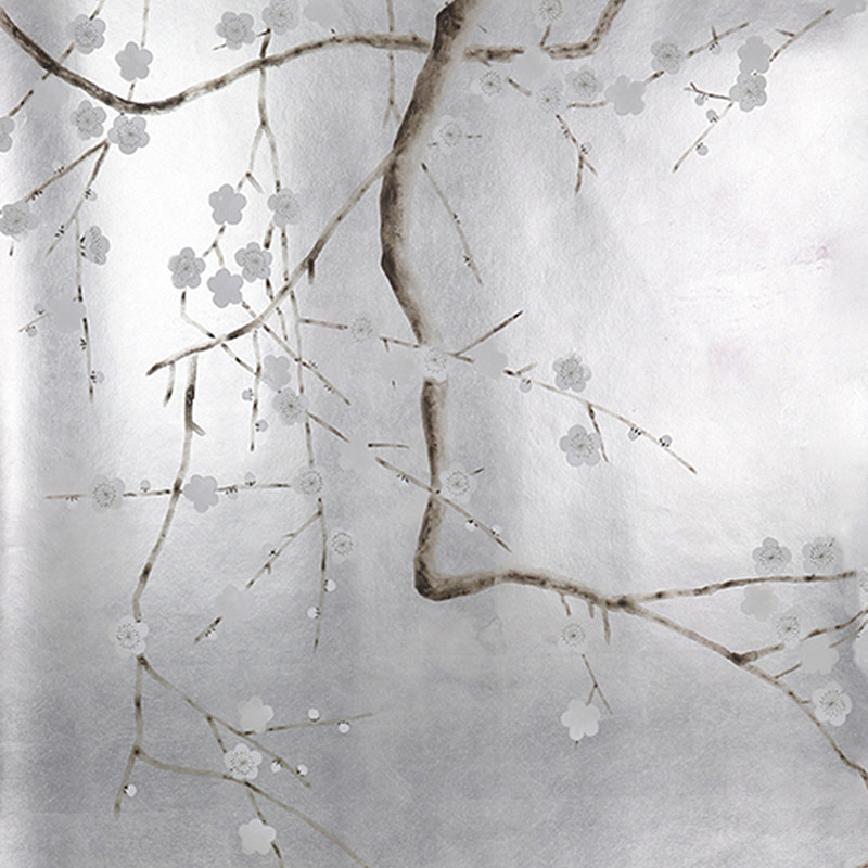 Обои ручная роспись Plum Blossom Colourway SC-229 on Sterling Silver gilded paper with pearlescent antiquing  в Барнауле | Loft Concept 