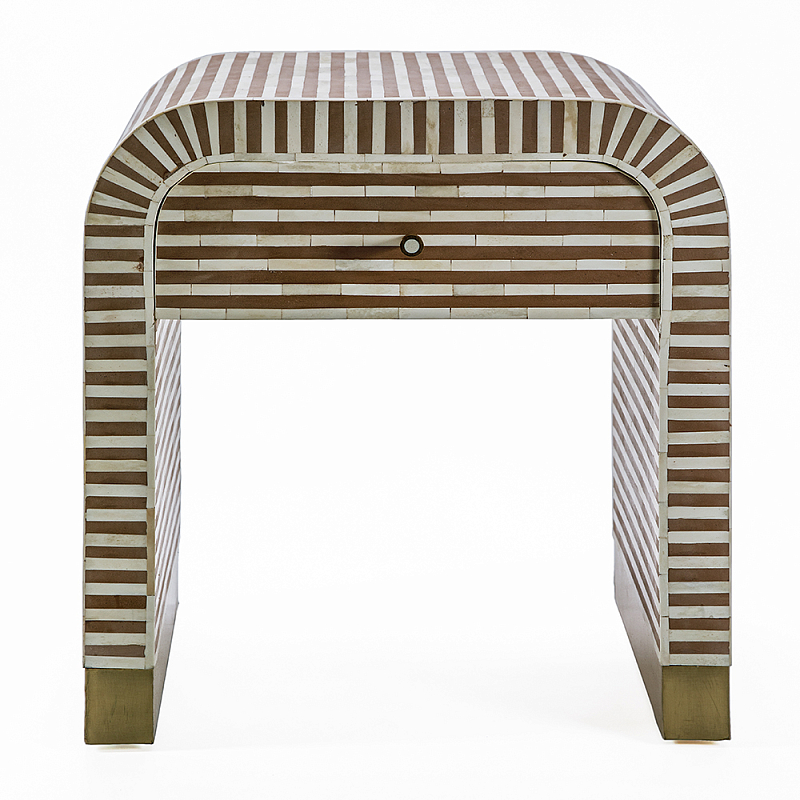 Тумбочка прикроватная с ящиком Tofino Stripes Bone Inlay Bedside Beige ivory ( слоновая кость ) Коричневый Золотой в Барнауле | Loft Concept 