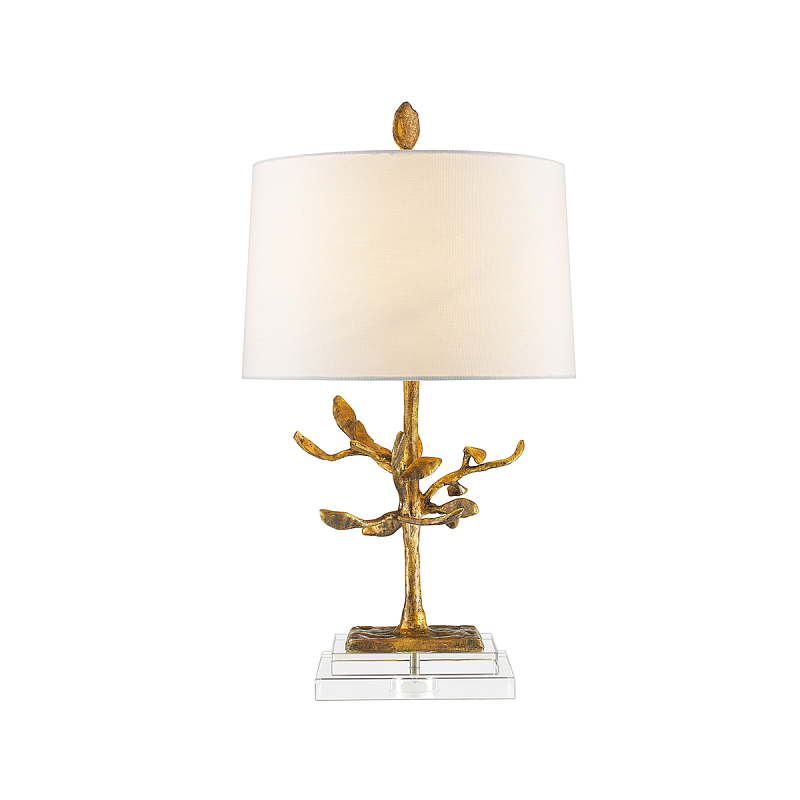 Настольная лампа с кремовым льняным цилиндрическим абажуром и ножкой в форме золотистой ветки Gilded Nola Золотой Белый Бежевый в Барнауле | Loft Concept 
