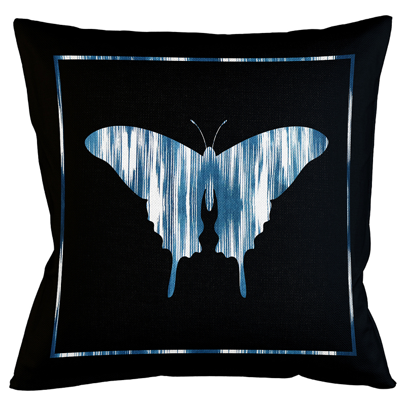 Подушка декоративная Бабочка с синим узором Ikat Pattern Черный Белый Синий Бежевый Подушка декоративная Бабочка с синим узором Ikat Pattern Черный Белый Синий Бежевый в Барнауле | Loft Concept