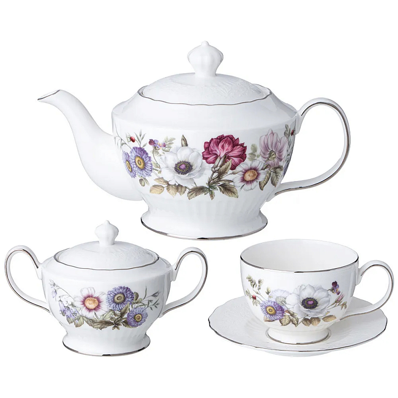 Чайный сервиз из фарфора с рисунком цветов на 6 персон 14 предметов Garden Whisper Porcelain Set Белый Мульти Чайный сервиз из фарфора с рисунком цветов на 6 персон 14 предметов Garden Whisper Porcelain Set Белый Мульти в Барнауле | Loft Concept