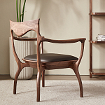 Стул деревянный с мягким сиденьем из коричневой натуральной кожи Moon Walnut Furniture варинант исполнения - 2 | Loft Concept в Барнауле