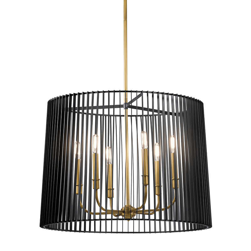 Люстра цвета латунь с 6-ю лампами свечами внутри цилиндрического абажура из черных металлических реек Kichler Латунь Черный в Барнауле | Loft Concept 