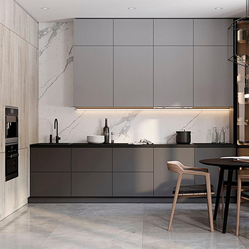 Серый кухонный гарнитур с фасадом под светлый дуб Ferrand Kitchen Set Серый Белый Мрамор Bianco Светлый дуб Темно-серый Серый кухонный гарнитур с фасадом под светлый дуб Ferrand Kitchen Set Серый Белый Мрамор Bianco Светлый дуб Темно-серый в Барнауле | Loft Concept