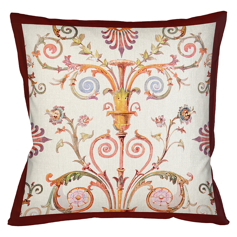 Декоративная подушка бежевая с растительным орнаментом Raffael Floral Beige Red Cushion Бежевый Мульти Бургундский красный в Барнауле | Loft Concept 