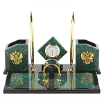 Настольный письменный набор из змеевика с часами и гербом Successful Leader варинант исполнения - 1 | Loft Concept в Барнауле