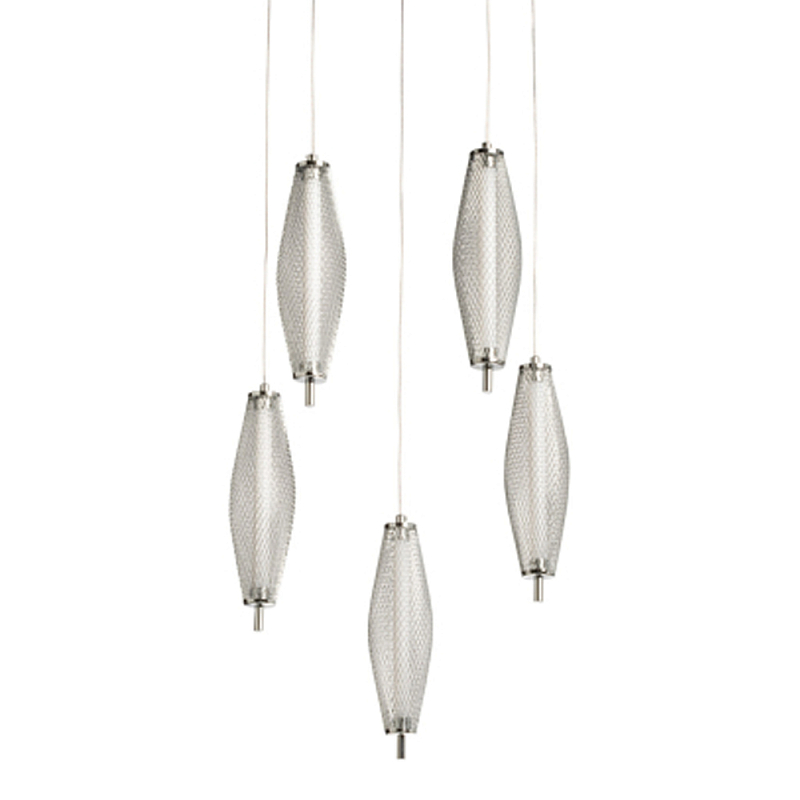 Люстра круглая каскадня с 5-ю плафонами из металлической сетки Mesh Lampshade Lighting Хром в Барнауле | Loft Concept 
