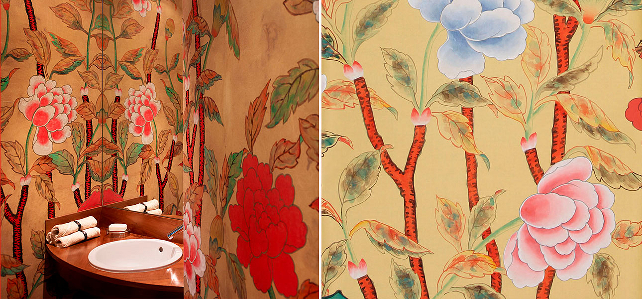 Обои ручная роспись Korean Peony Original colourway on Sienna Earth dyed silk Обои ручная роспись Korean Peony Original colourway on Sienna Earth dyed silk - Loft-Concept в Барнауле