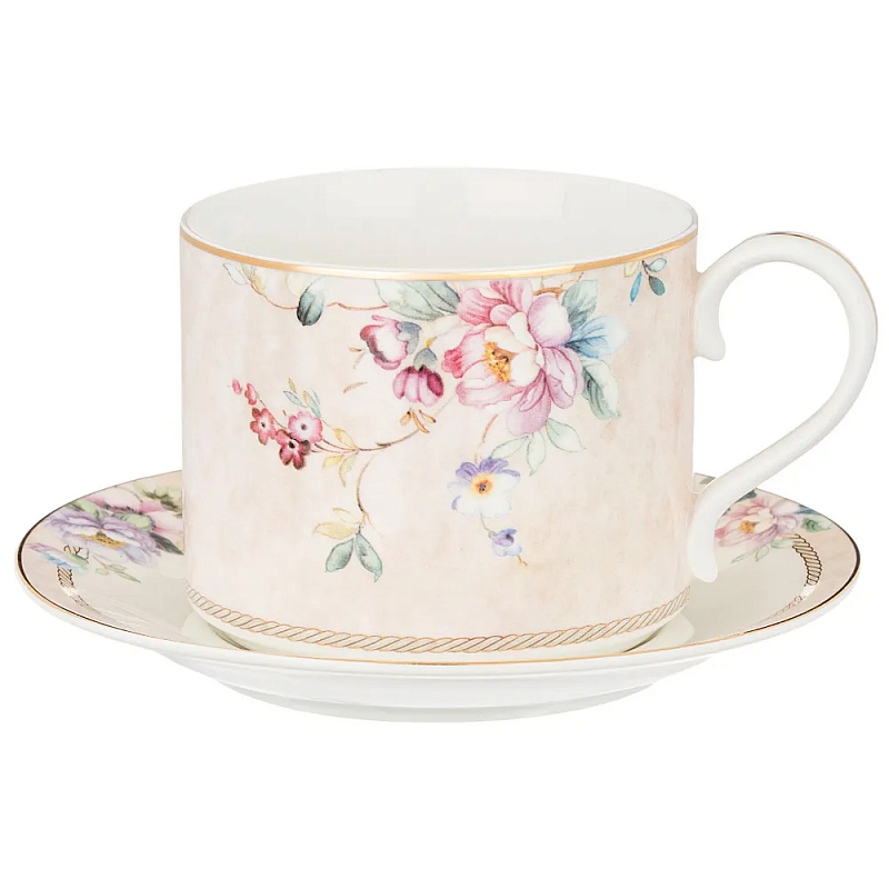Чайная пара из фарфора с цветочным принтом 300мл Flower Porcelain Collection Розовый Мульти в Барнауле | Loft Concept 