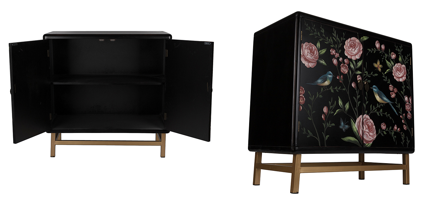 Комод с росписью птицы и цветы Black Chest Of Drawers Peonies Черный Комод с росписью птицы и цветы Black Chest Of Drawers Peonies Черный - Loft-Concept в Барнауле