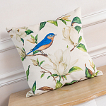Декоративная подушка бежевая с изображением птица в саду Blooming Blue Birds варинант исполнения - 2 | Loft Concept в Барнауле