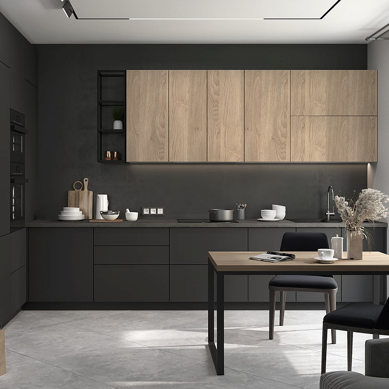 Черный матовый кухонный гарнитур с фасадом под дерево Renart Kitchen Set Черный матовый Древесина Черный матовый кухонный гарнитур с фасадом под дерево Renart Kitchen Set Черный матовый Древесина в Барнауле | Loft Concept