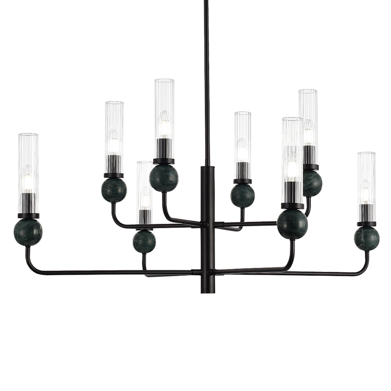 Люстра с 8-ю плафонами в форме стеклянных трубок и мраморных декоративных элементов Montreal Белый Черный Прозрачный Латунь в Барнауле | Loft Concept 