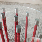 Дизайнерский журнальный стол с круглой прозрачной столешницей и основанием в виде красных металлических тросов Wires варинант исполнения - 5 | Loft Concept в Барнауле