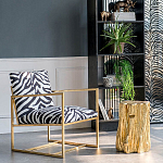 Кресло с металлическим золотистым каркасом и мягкой обивкой с чёрно-белым принтом зебры Wild animals варинант исполнения - 5 | Loft Concept в Барнауле