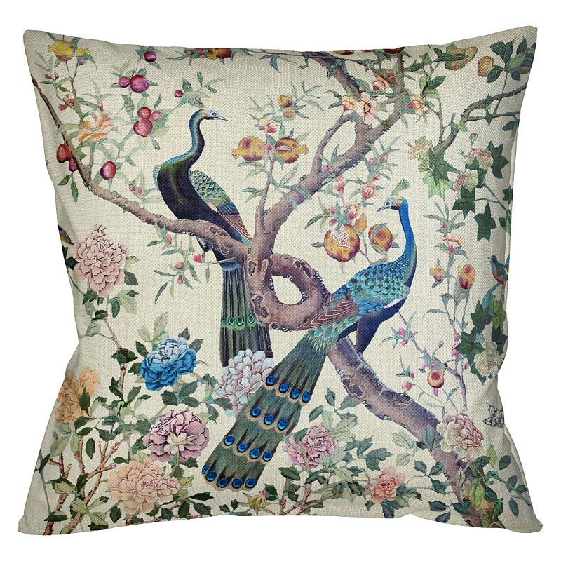 Подушка декоративная с изображением павлинов в саду Beige Chinoiserie Garden Two Peacocks Cushion Бежевый Мульти Подушка декоративная с изображением павлинов в саду Beige Chinoiserie Garden Two Peacocks Cushion Бежевый Мульти в Барнауле | Loft Concept