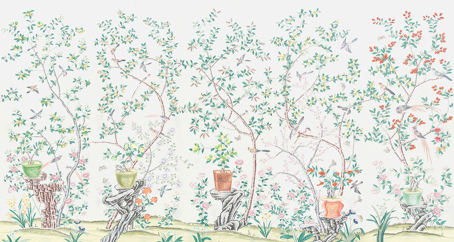 Обои ручная роспись Jardinieres & Citrus Trees Natural Mica Обои ручная роспись Jardinieres & Citrus Trees Natural Mica - Loft-Concept в Барнауле