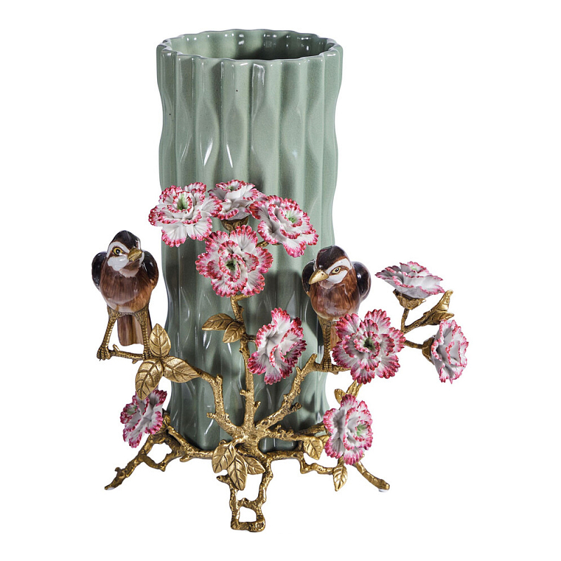 Ваза с птицами и цветами из фарфора с бронзовыми элементами Garden of Eden Бронза Мульти Зеленый в Барнауле | Loft Concept 