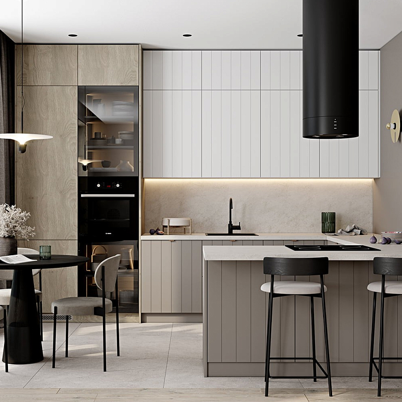 Кухонный гарнитур с фасадом в полоску Rainier Kitchen Set Серый Бежевый Белый Древесина Кухонный гарнитур с фасадом в полоску Rainier Kitchen Set Серый Бежевый Белый Древесина в Барнауле | Loft Concept