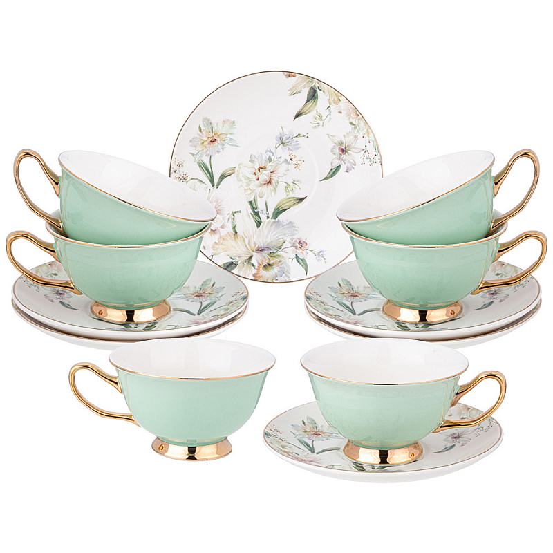 Чайный набор из фарфора на 6 персон Tea Porcelain Set Белый Золотой Зеленый в Барнауле | Loft Concept 