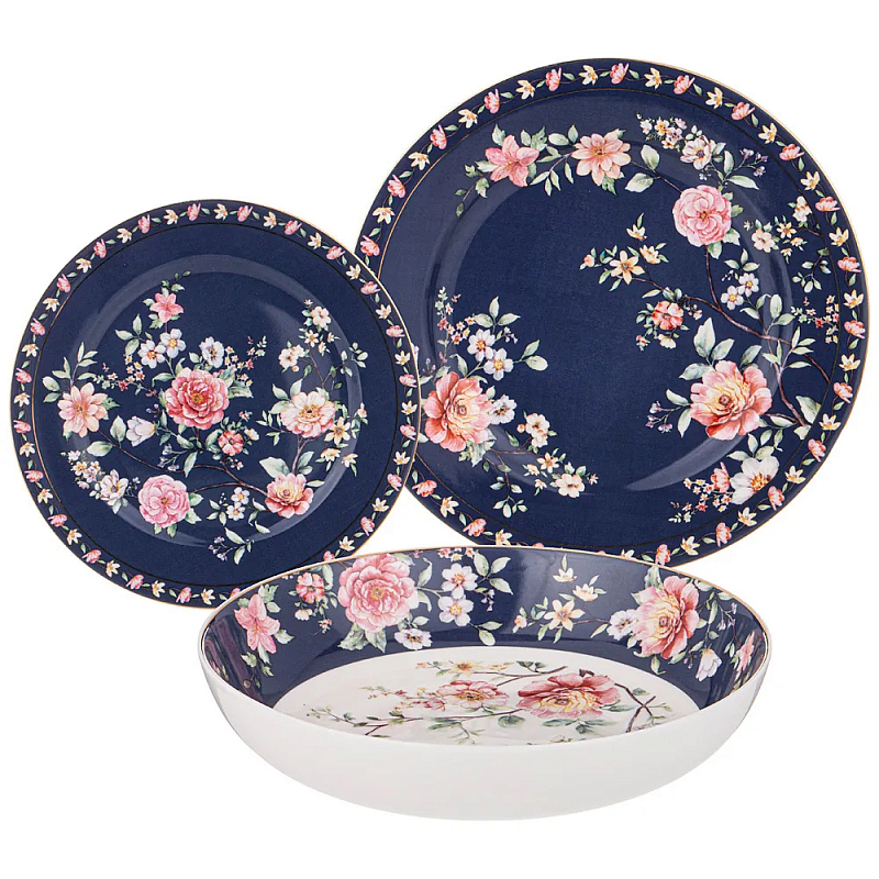 Набор посуды обеденный из фарфора на 6 персон 18 предметов Flower Porcelain Collection Синий Красный Зеленый Набор посуды обеденный из фарфора на 6 персон 18 предметов Flower Porcelain Collection Синий Красный Зеленый в Барнауле | Loft Concept