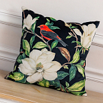 Декоративная подушка чёрная с изображением птицы в саду Blooming Red Birds варинант исполнения - 2 | Loft Concept в Барнауле