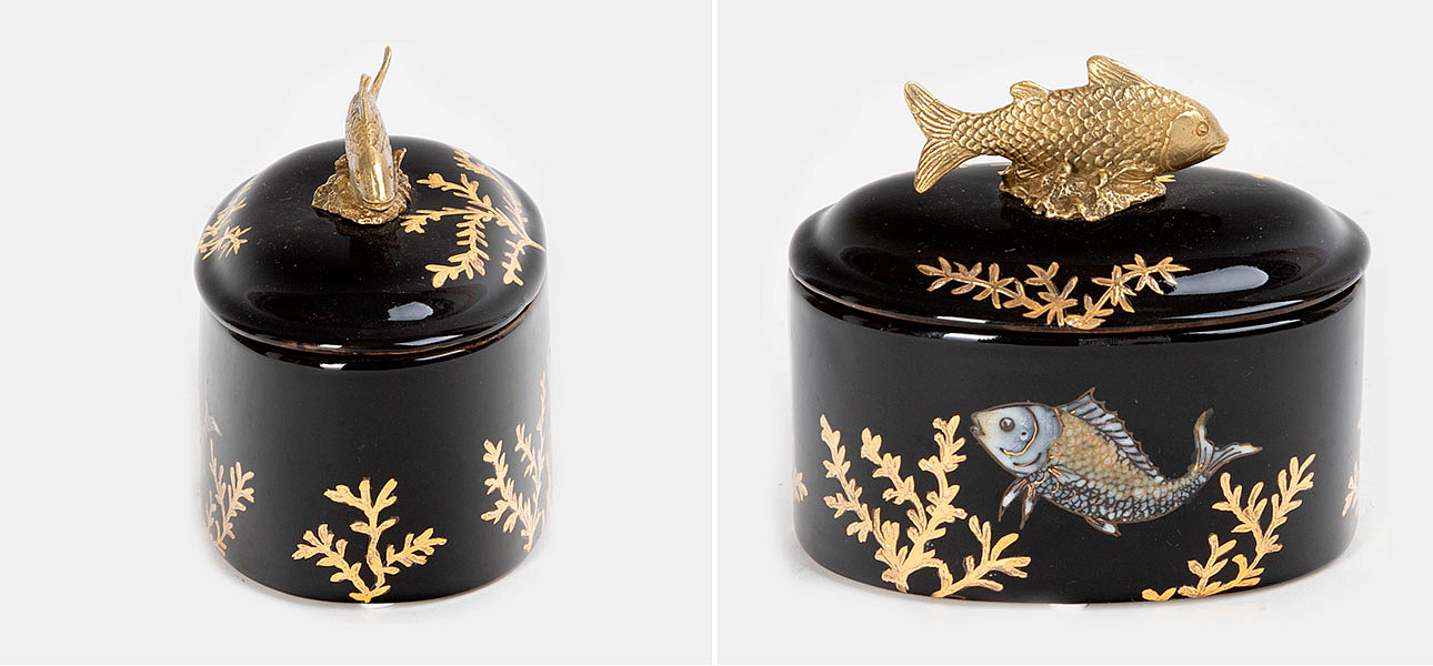 Шкатулка черная фарфоровая Золотая Рыбка Gold fish Шкатулка черная фарфоровая Золотая Рыбка Gold fish - Loft-Concept в Барнауле