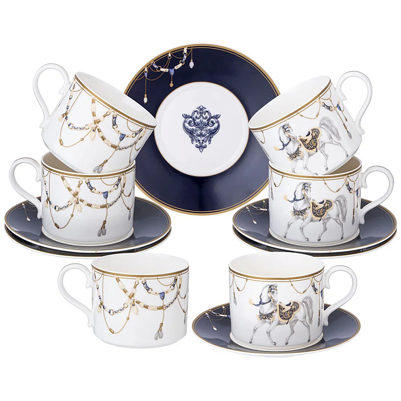 Чайный набор из фарфора с изображением лошадей на 6 персон 12 предметов Porcelain Horse Set Белый Синий Чайный набор из фарфора с изображением лошадей на 6 персон 12 предметов Porcelain Horse Set Белый Синий в Барнауле | Loft Concept