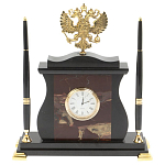 Часы настольные с Гербом России и 2-мя шариковыми ручками в комплекте Stone Clock варинант исполнения - 4 | Loft Concept в Барнауле