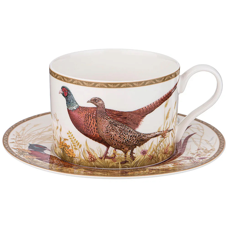 Чайная пара из фарфора с изображением животных Hunting Porcelain Collection Белый Коричневый Мульти в Барнауле | Loft Concept 