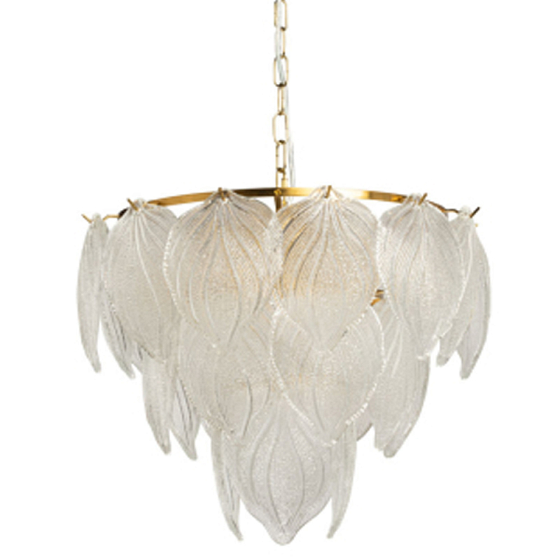 Люстра на цепи с прозрачными стеклянными подвесками в виде листьев Textured Glass Chandelier Прозрачное Стекло Латунь в Барнауле | Loft Concept 
