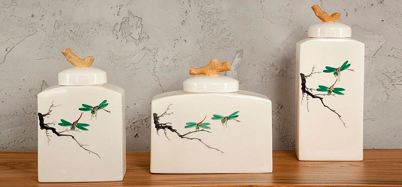 Ваза низкая с крышкой керамическая стрекоза Ornament Ваза низкая с крышкой керамическая стрекоза Ornament - Loft-Concept в Барнауле