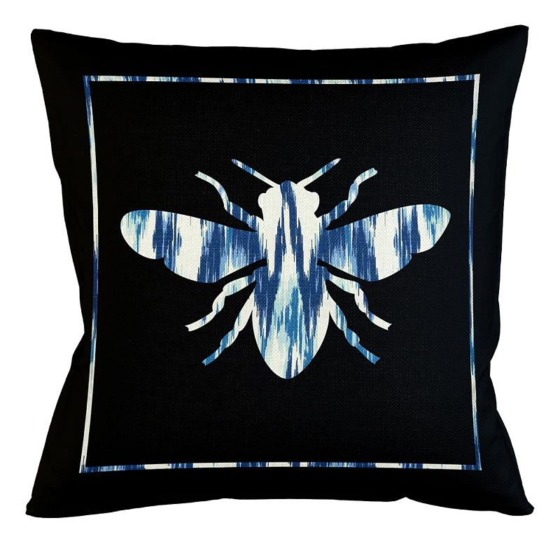 Подушка декоративная пчела с синим узором Ikat Pattern Черный Белый Синий Бежевый в Барнауле | Loft Concept 
