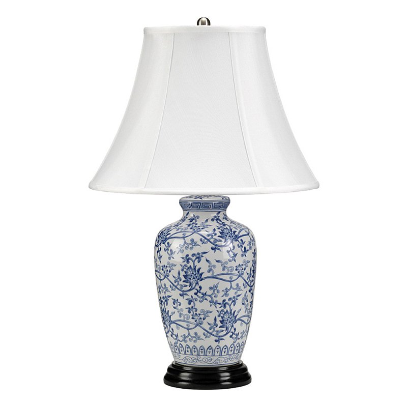 Настольная лампа с фарфоровым основанием с декоративным орнаментом и белым абажуром на темной круглой подставке Elstead Lighting Белый Синий Никель Черный Золотой Серебряный в Барнауле | Loft Concept 