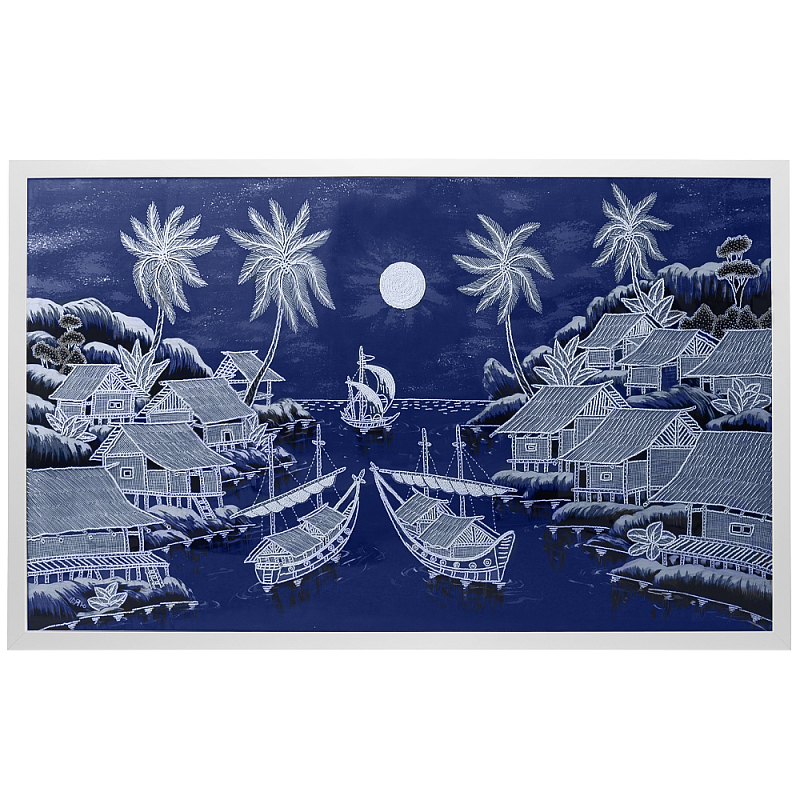 Картина ручная вышивка бисером Ночной пейзаж Night Boat Bay Синий Белый в Барнауле | Loft Concept 