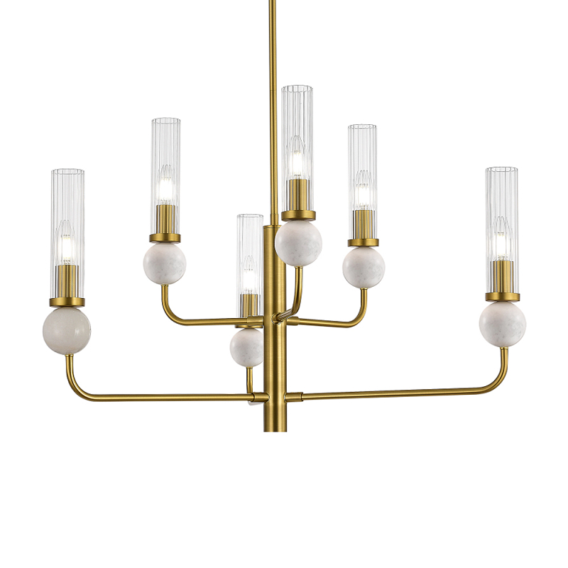 Люстра с 6-ю плафонами в форме стеклянных трубок и мраморных декоративных элементов Montreal Белый Латунь Прозрачный в Барнауле | Loft Concept 