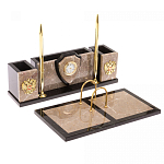 Настольный письменный набор из бежевого мрамора с часами и гербом Marble Accessory варинант исполнения - 2 | Loft Concept в Барнауле