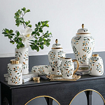 Ваза белая с крышкой с рисунком зеленых и золотых листьев 48 см Chinoiserie Ceramics варинант исполнения - 5 | Loft Concept в Барнауле