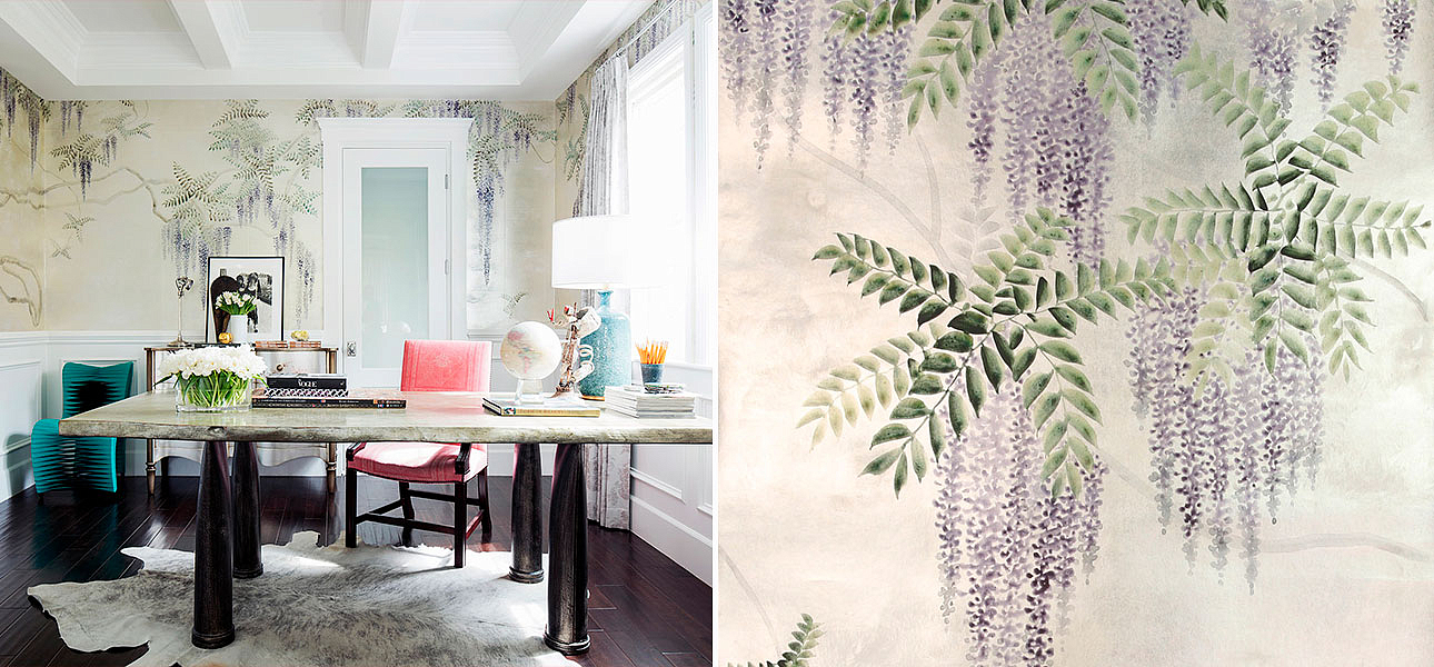 Обои в японском стиле Wisteria Lavender on White Metal gilded paper with pearlescent antiquing Обои в японском стиле Wisteria Lavender on White Metal gilded paper with pearlescent antiquing - Loft-Concept в Барнауле
