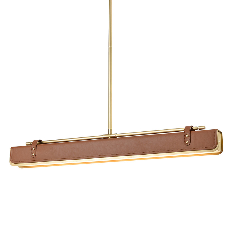 Подвесной светильник линейный латунного цвета в кожаном коричневом чехле и декоративными ремешками Alora Латунь Коричневый в Барнауле | Loft Concept 