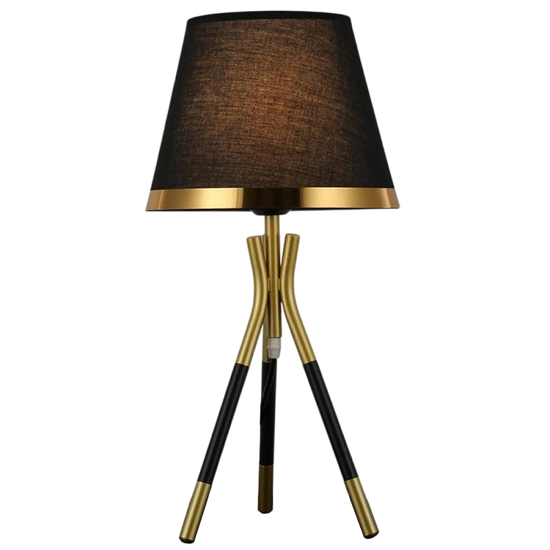 Настольная лампа с коричневым тканевым абажуром Black Tripod Черный Золотой Коричневый в Барнауле | Loft Concept 