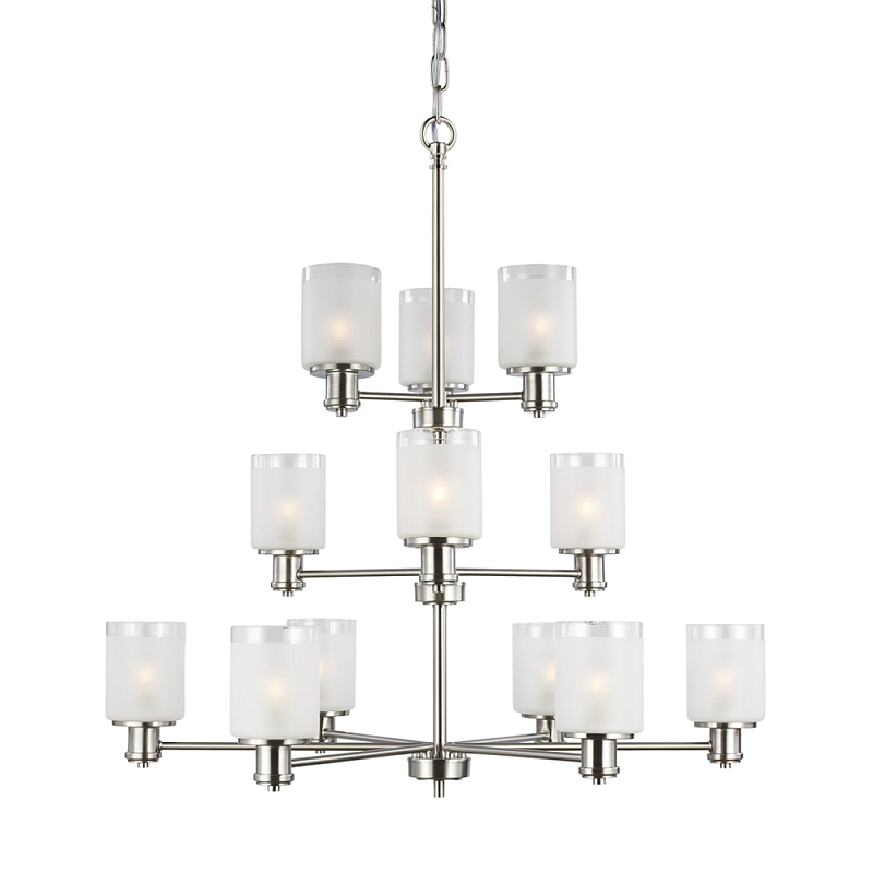 Люстра двухъярусная цвета никель с 12-ю матовыми цилиндрическими стеклянными плафонами Generation Lighting Никель Белый Бежевый в Барнауле | Loft Concept 