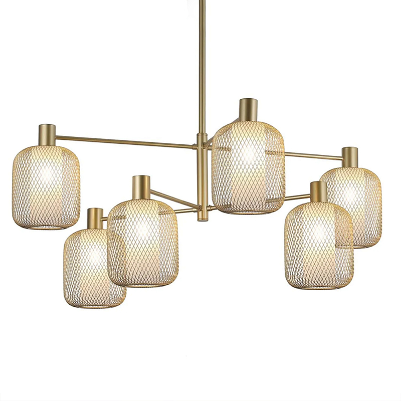Люстра потолочная с абажурами из металлической сетки Loft Grid Pendant Gold Черный Золотой в Барнауле | Loft Concept 