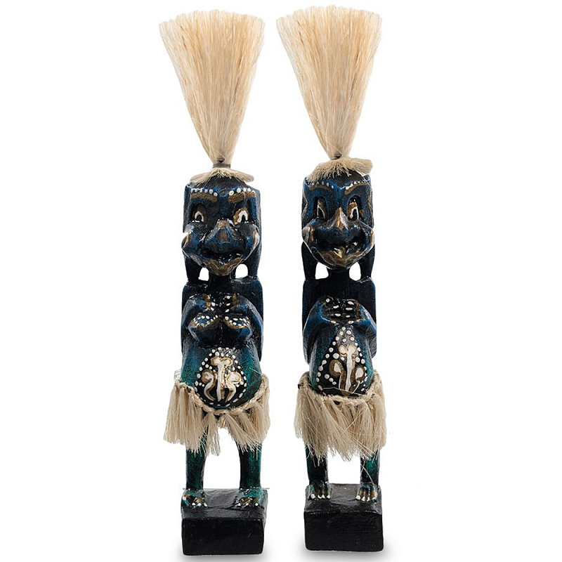 Комплект из 2-х деревянных статуэток Asmat Straw Headdress Statuettes Dark Blue Темно-синий Бирюзовый Черный Бежевый Комплект из 2-х деревянных статуэток Asmat Straw Headdress Statuettes Dark Blue Темно-синий Бирюзовый Черный Бежевый в Барнауле | Loft Concept