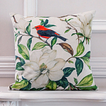 Декоративная подушка бежевая с изображением птица в саду Blooming Red Birds варинант исполнения - 2 | Loft Concept в Барнауле