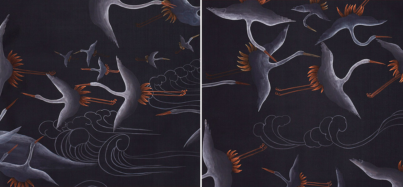 Обои ручная роспись Cranes Scroll Limewash on Pitch dyed silk Обои ручная роспись Cranes Scroll Limewash on Pitch dyed silk - Loft-Concept в Барнауле