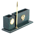 Настольный письменный набор с гербом России и часами из природного камня змеевик Successful Leader варинант исполнения - 2 | Loft Concept в Барнауле