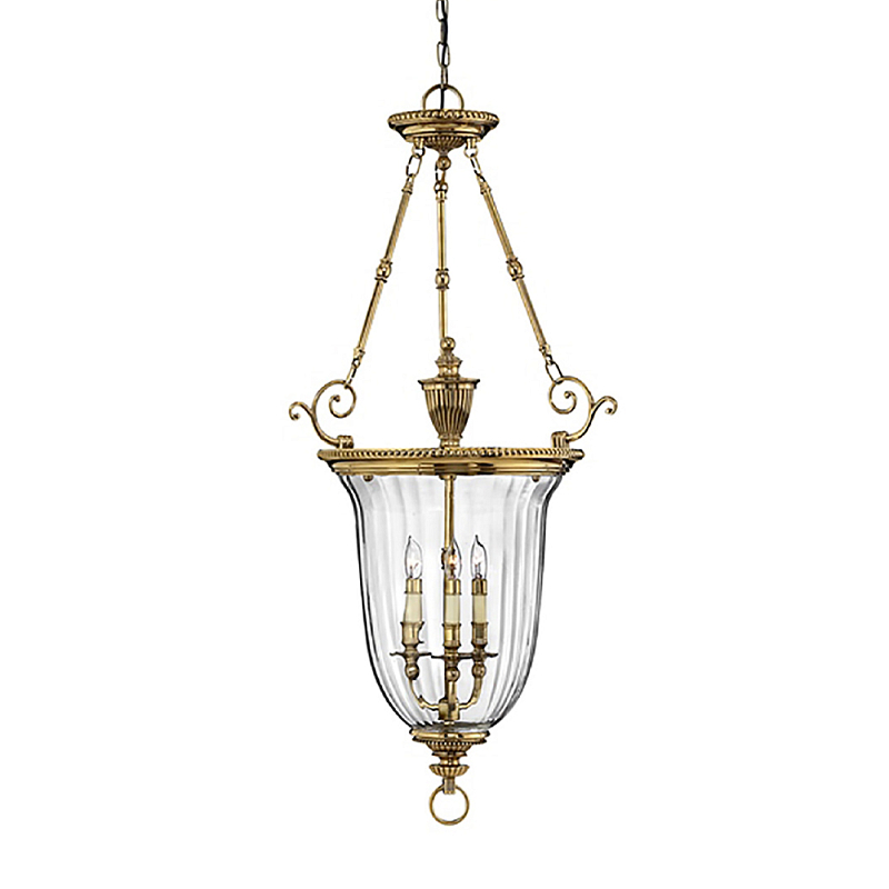 Подвесной светильник латунный с рифленым прозрачным плафоном и тремя свечеподобными лампами в классическом стиле Hinkley Латунь Прозрачное Стекло в Барнауле | Loft Concept 